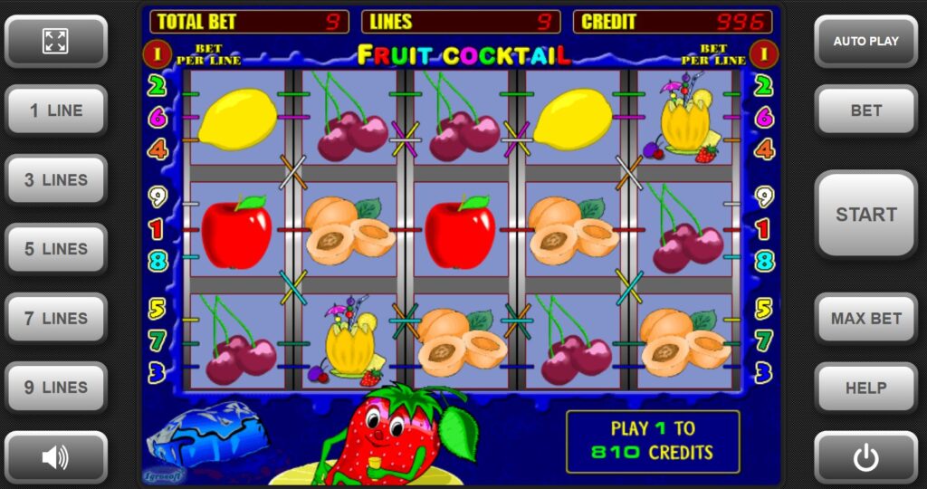 Fruit Cocktail slot base game spin showing fruit symbols on reels.