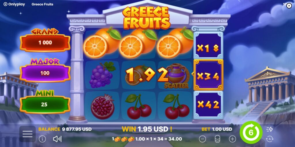 Greece Fruits slot Free Spins feature with a multiplier reel and winning combination.