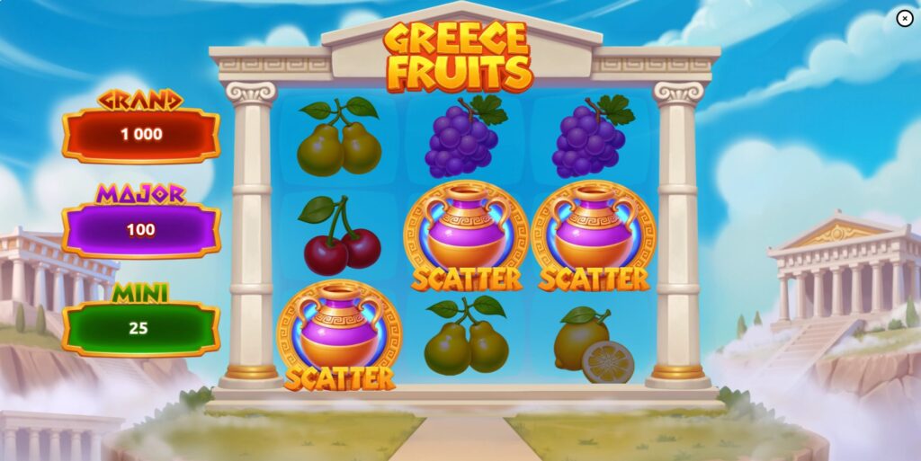 Three scatter symbols triggering the Free Spins bonus in Greece Fruits slot.