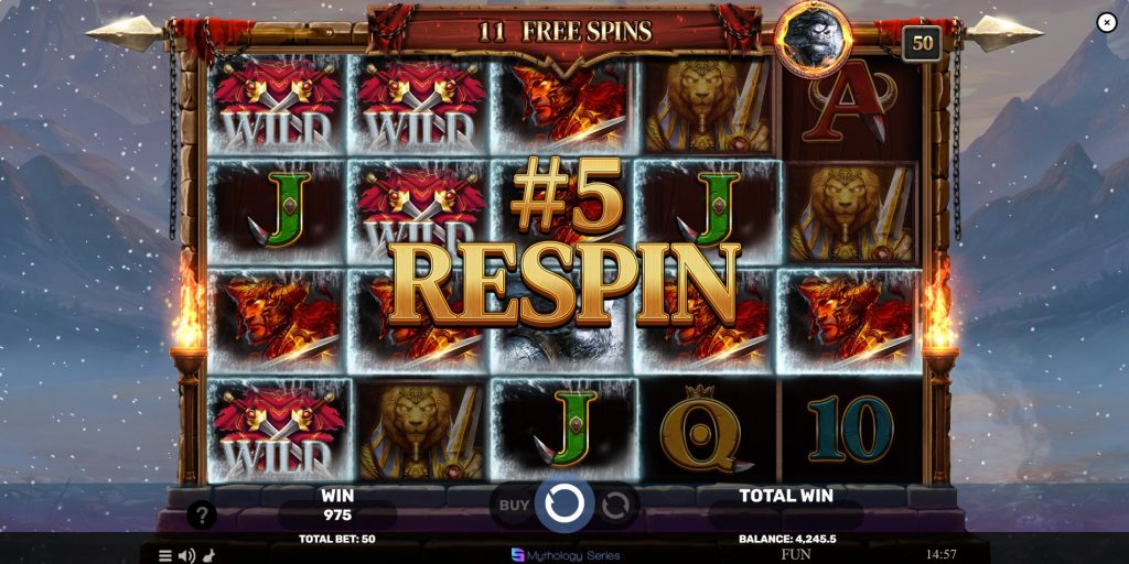 Immortal Warlords slot Tyr Free Spins feature - Winning Symbols Respin in action