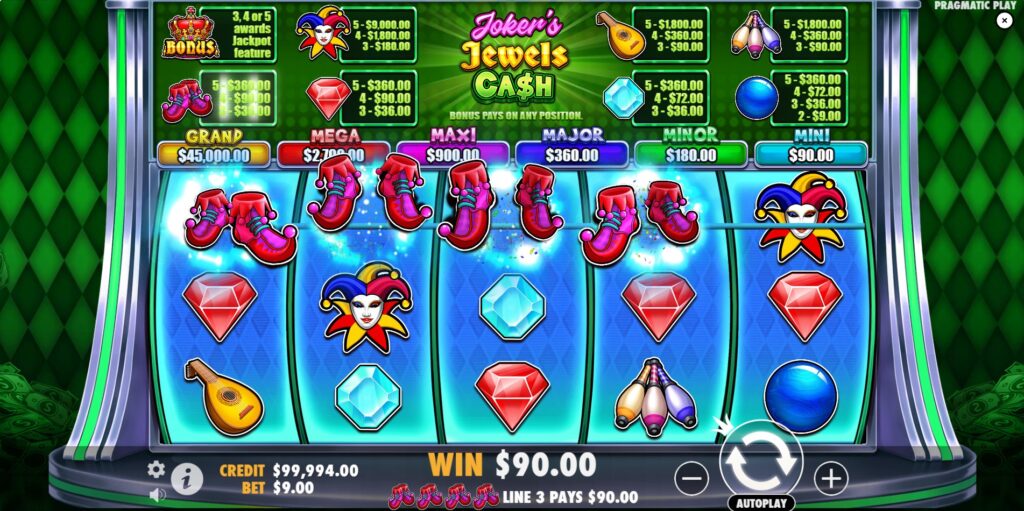 Base game payline win in Joker's Jewels Cash slot