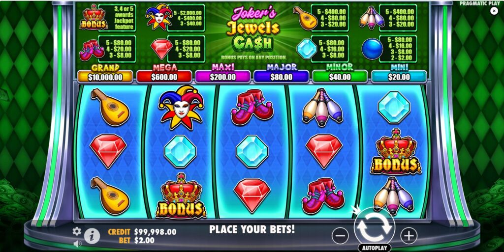 Joker's Jewels Cash slot game interface by Pragmatic Play