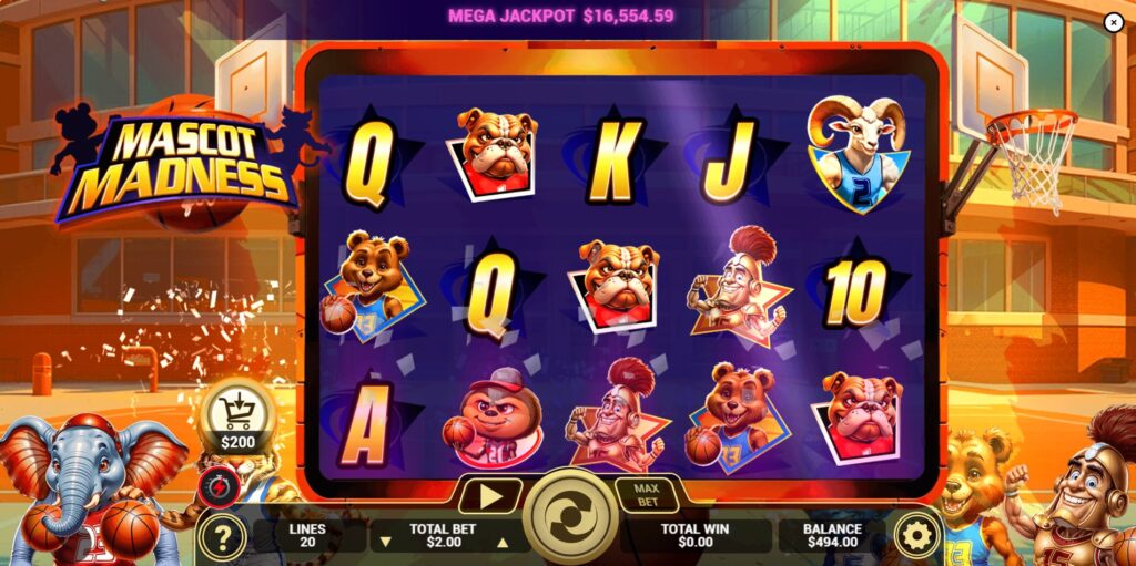 Mascot Madness slot base game view showcasing reels and mascot symbols.