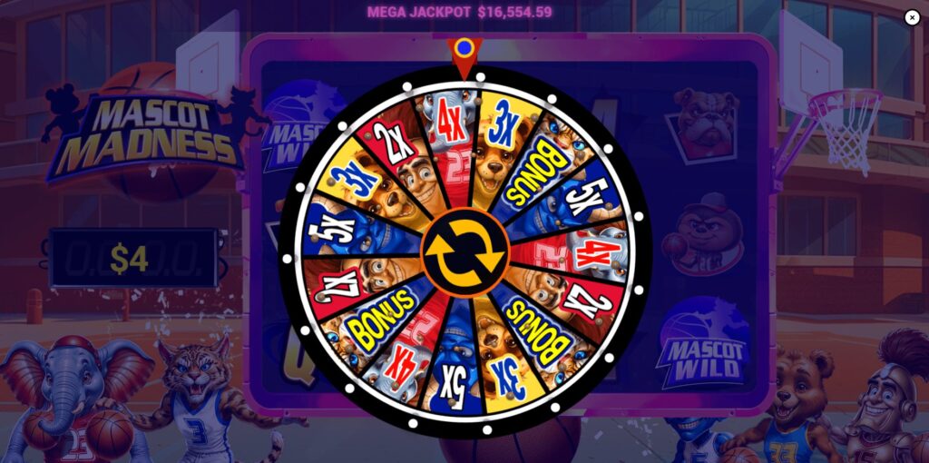 Mascot Madness slot Mascot Wild Feature activation with the prize wheel displayed.