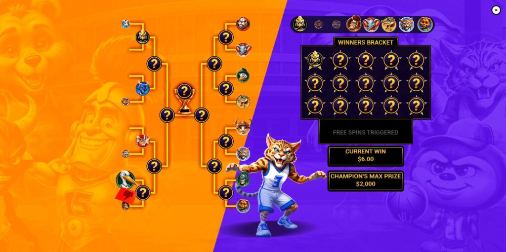 Mascot Madness slot Tournament Bonus showcasing the bracket-style tournament interface.