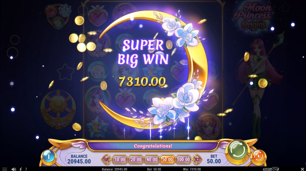 A big win screen displayed on the Moon Princess Origins slot, showcasing its high payout potential.