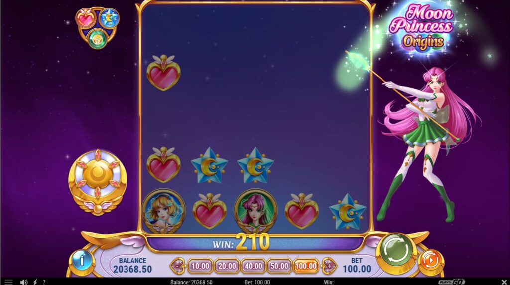 The Trinity Charge Meter is fully charged in the Moon Princess Origins game, ready to trigger the bonus respin.