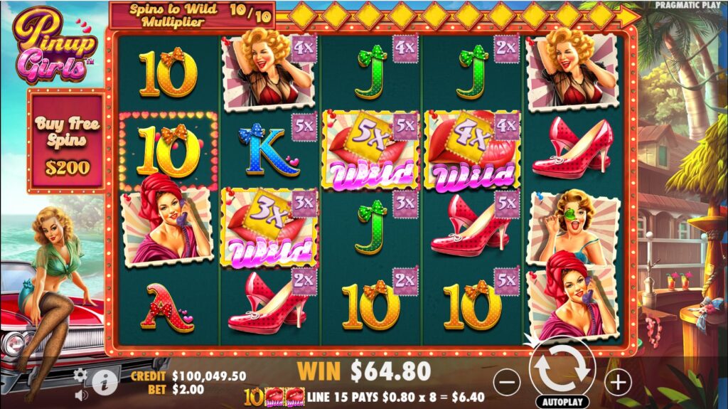 Pinup Girls 10th spin with Wild symbols revealing accumulated multipliers.