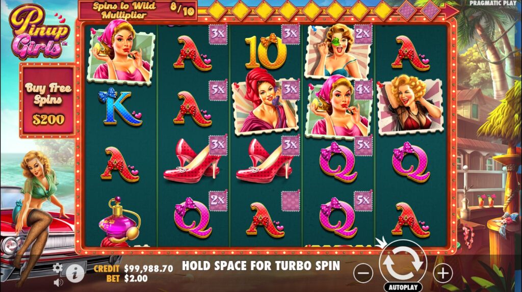 Pinup Girls base game showing multiplier accumulation during a 10-spin cycle.