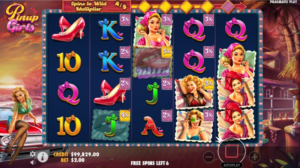 Pinup Girls Free Spins showing marked Wild positions before transformation.