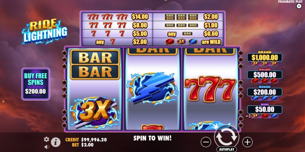 Ride the Lightning slot base game view with paytable