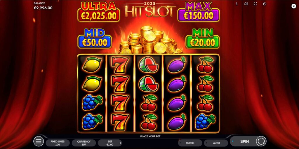 Main game screen of 2025 Hit Slot by Endorphina, displaying the 5x4 reel grid, symbols, and player interface.