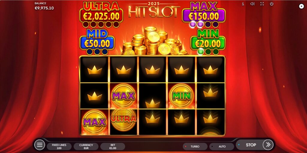 Collecting Coin symbols (MIN, MID, MAX, ULTRA) during the Hit Win Jackpots Bonus round in 2025 Hit Slot.