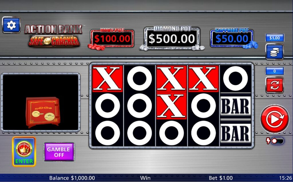 Action Bank Safe Cracker base game: 5 reels with X and O symbols on metallic background