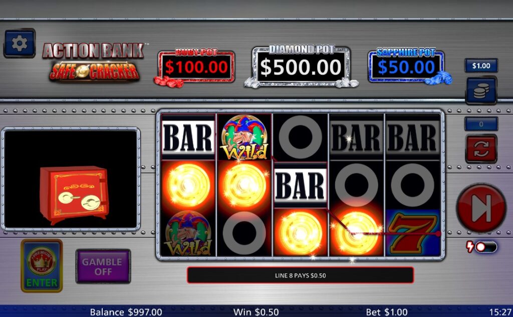 Wild symbols in Action Bank Safe Cracker with glowing orange effect and BAR combinations