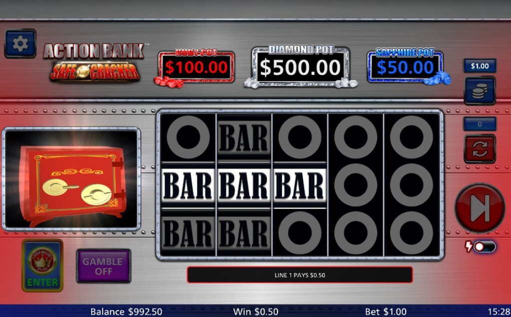 BAR symbol win on payline 1 in Action Bank Safe Cracker with red safe collection feature visible