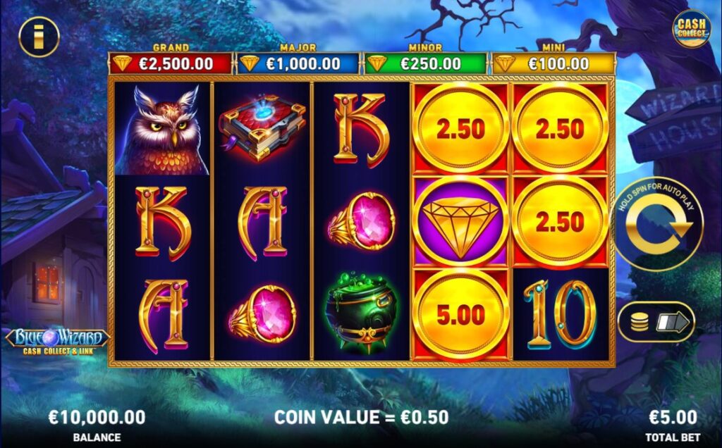 Base Game of Blue Wizard: Cash Collect & Link with coin symbols and diamond prize values displayed
