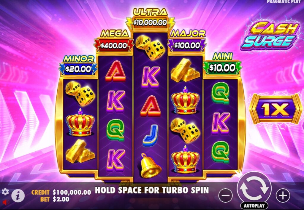 Cash Surge Base Game: 5 reels with tiered jackpots and 720 ways to win