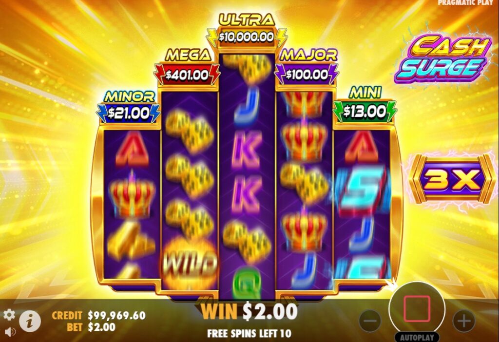 Cash Surge Free Spins: Golden background effect with 3x multiplier and 10 spins remaining
