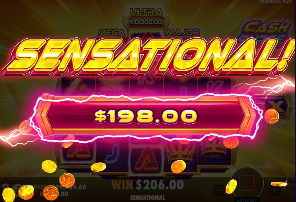 Cash Surge SENSATIONAL Win: Big win celebration with 198x multiplier and coin shower