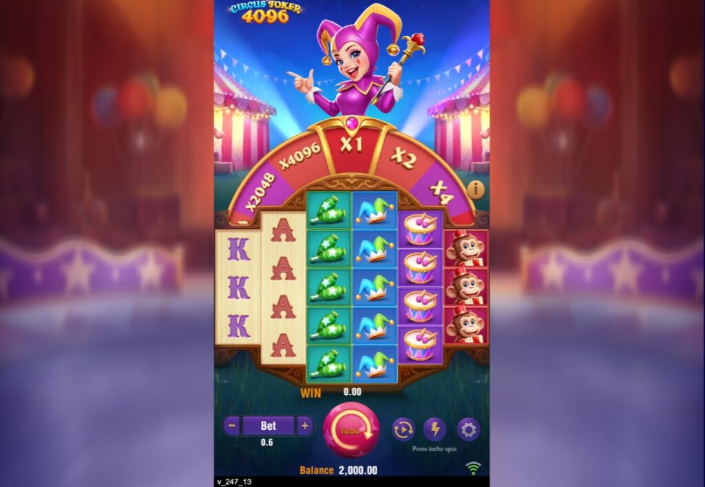 Circus Joker 4096 Base Game: Asymmetrical 3-4-5-5-4-3 Layout with Multiplier Wheel Display