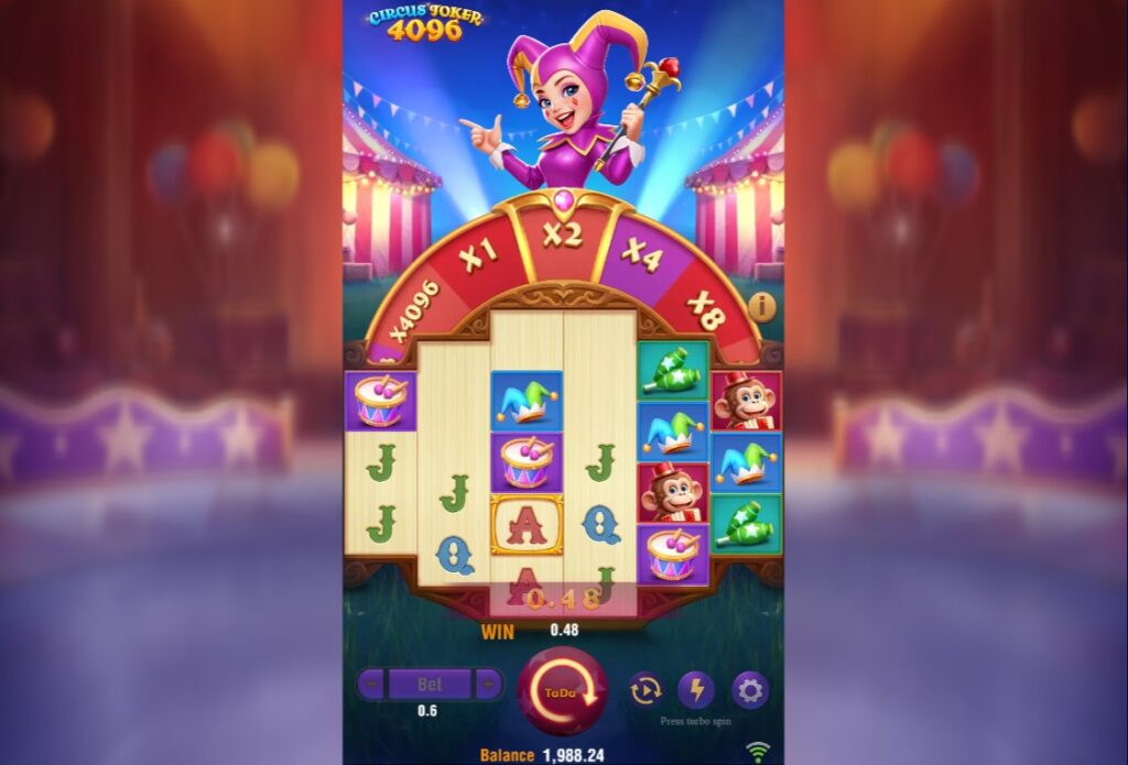 Circus Joker 4096 During Cascading Sequence: Multiplier Progression Displayed on Top Wheel