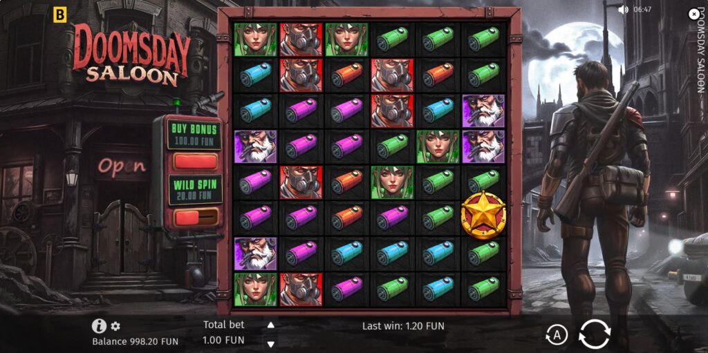 Base game 6x8 grid layout of the Doomsday Saloon slot by BGaming.