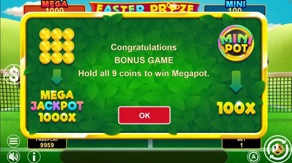 Bonus Game Instructions: Hold & Win feature with Mega and Mini jackpot explanations