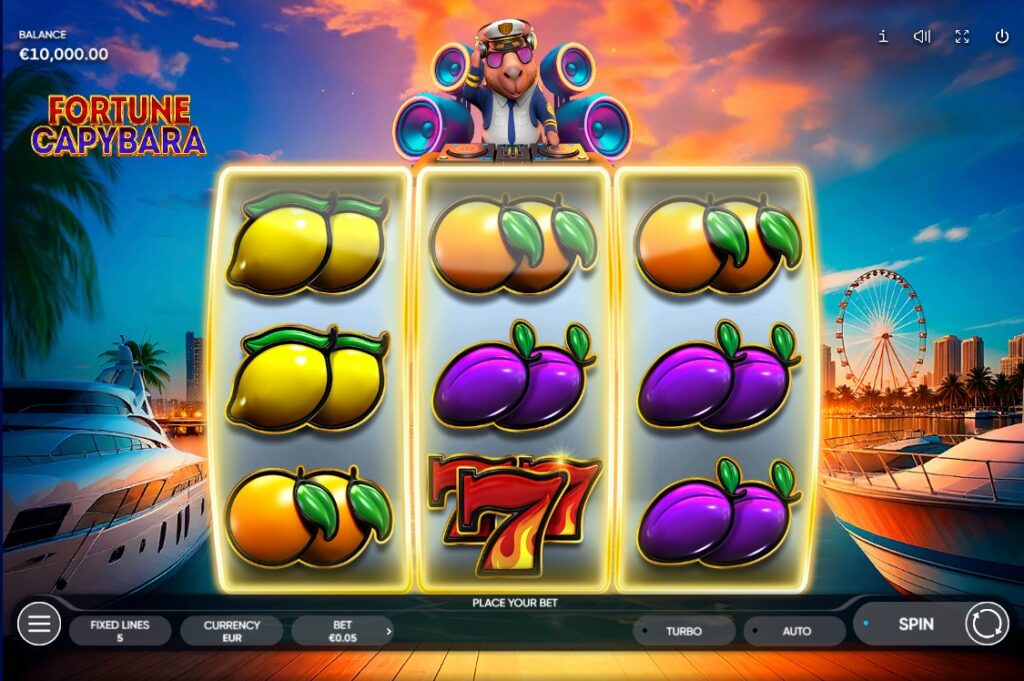 Fortune Capybara Base Game: 3 reels of fruit symbols with DJ Capybara spinning tracks above a luxury marina