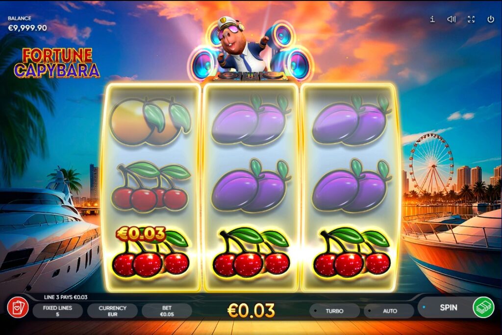 Fortune Capybara Win: Line of cherries paying €0.03 with the capybara DJ reacting to the win