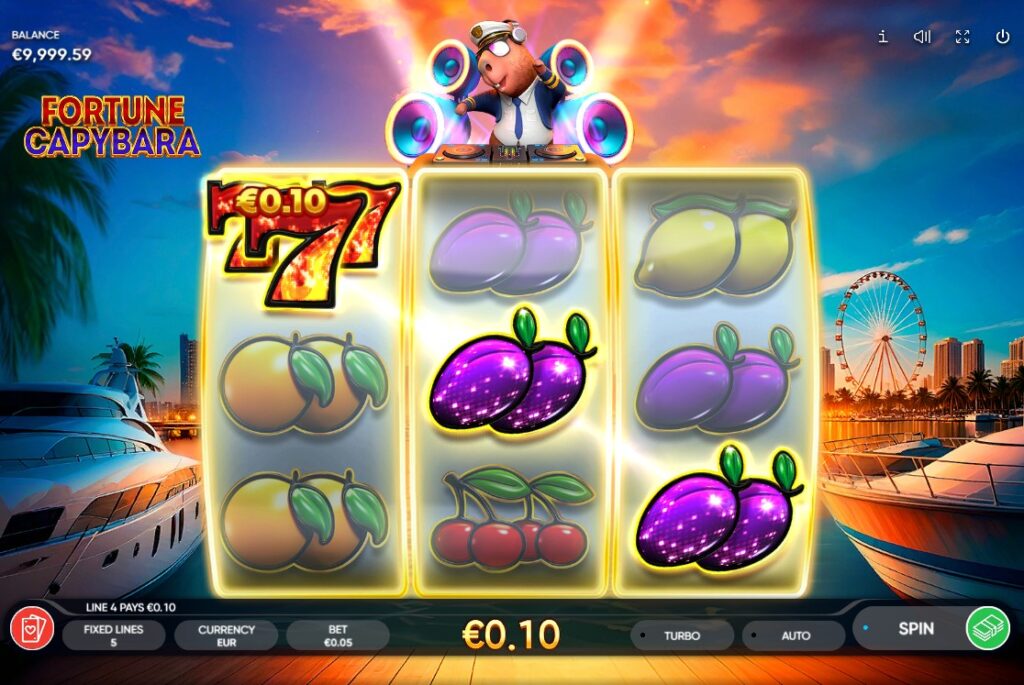 Fortune Capybara Line Win: Red 7 symbol paying €0.10 alongside purple plums against sunset marina backdrop