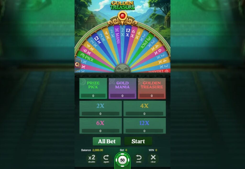 Golden Treasure Base Game: Fortune Wheel Interface with Prize Pick, Gold Mania and Golden Treasure Bonus Segments