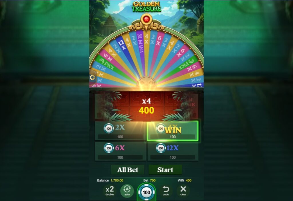 Golden Treasure Winning Spin: 4x Multiplier with 400 Credit Win on a 100 Credit Bet