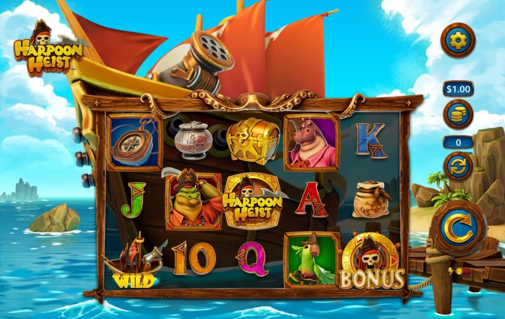 Base Game of Harpoon Heist: 5x3 grid featuring animal pirates and treasure symbols