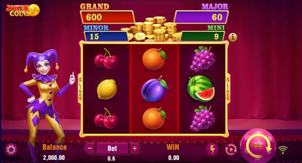 Base Game of Joker Coins: 3×3 Grid with Fruit Symbols and Jackpot Display