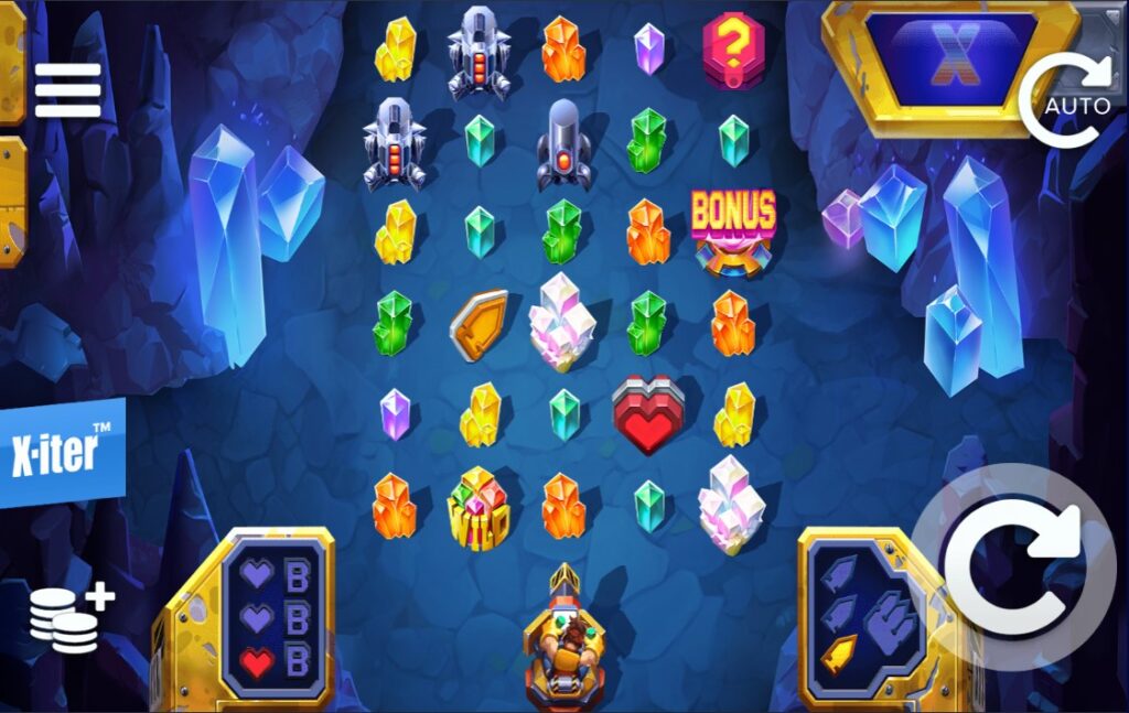 Base Game of Mine Defender: 5x6 grid with crystal symbols, enemies, and hero character