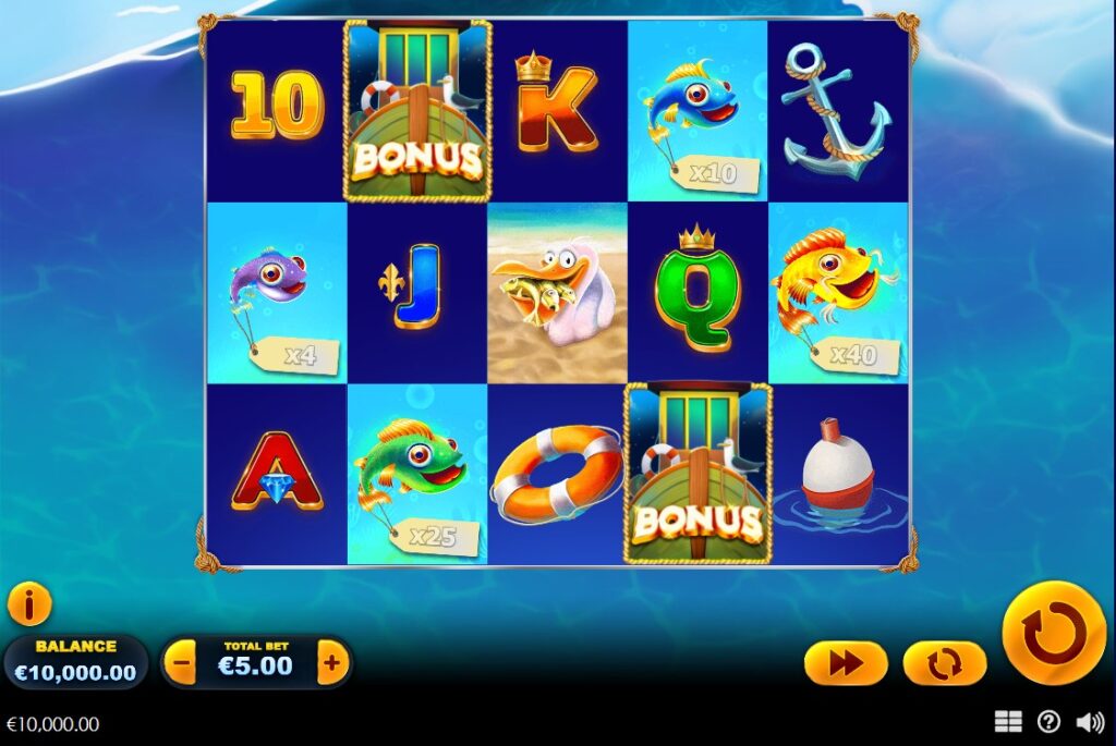 Ocean Frenzy Base Game: 5x3 layout featuring colorful Fish symbols with multiplier values