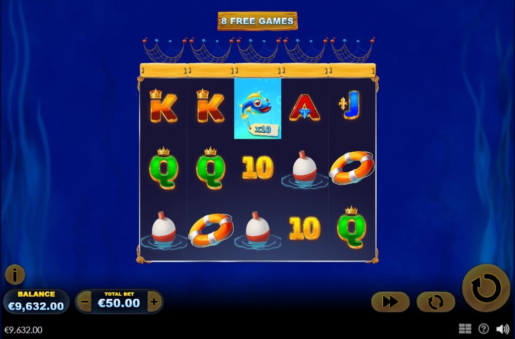 Ocean Frenzy Free Games: Nets above reels capture uncollected Fish for the Trawler Spin feature