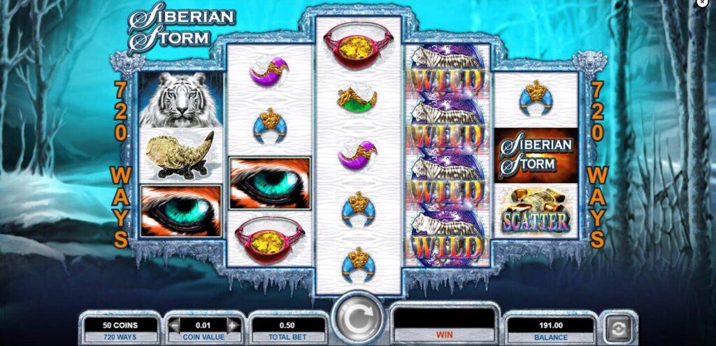 Stacked Wild symbols appearing on the middle reels of the Siberian Storm slot.