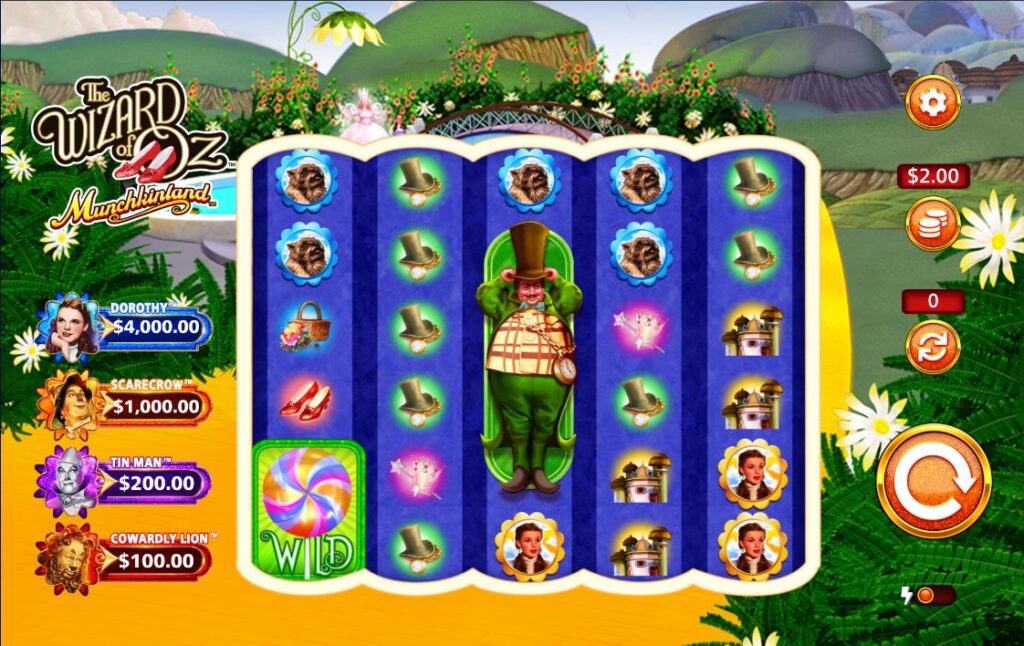 Base Game of The Wizard of Oz Munchkinland: 5 curved reels with Munchkin character on center reel