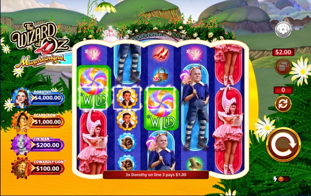 The Wizard of Oz Munchkinland gameplay with multiple Wild symbols and Dorothy character win