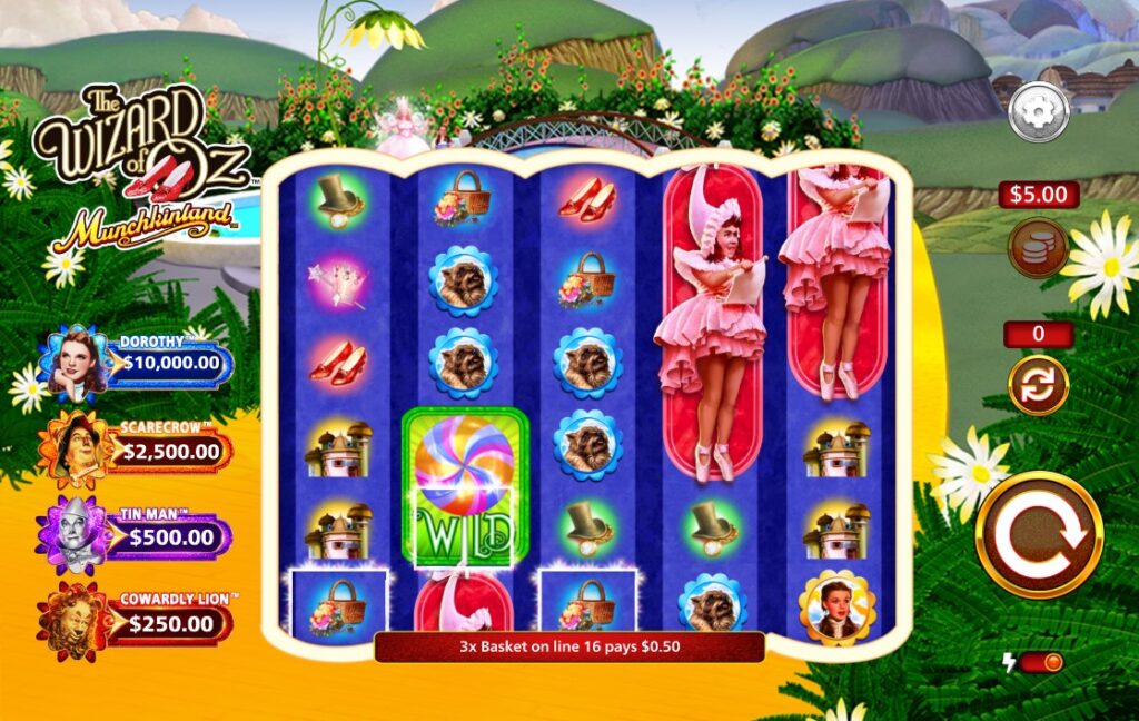 The Wizard of Oz Munchkinland with increased bet size and progressive jackpot values displayed on left side
