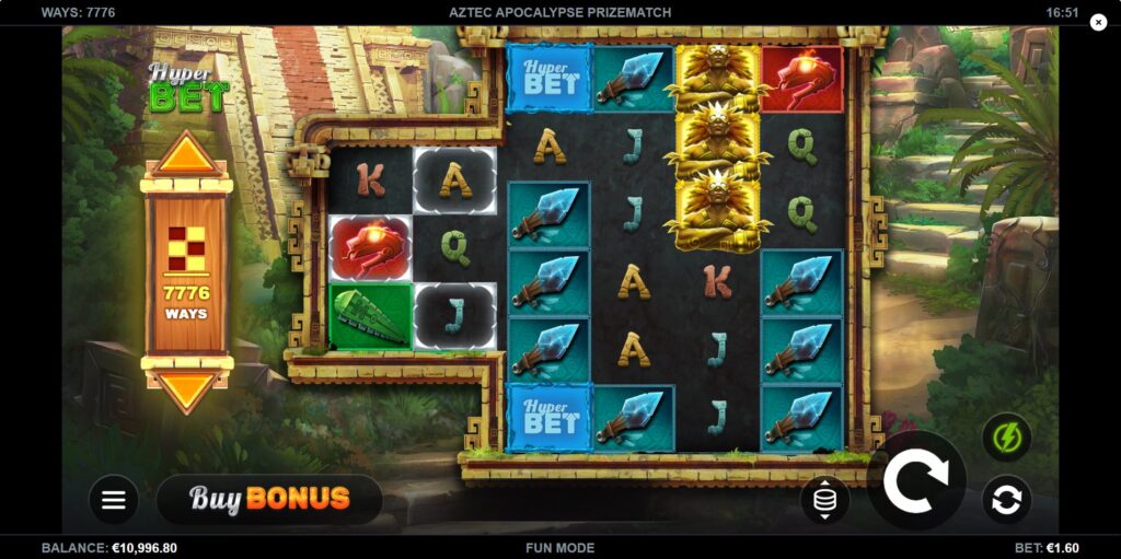 Aztec Apocalypse PrizeMatch slot base game interface with 6 reels and HyperBet selector visible.