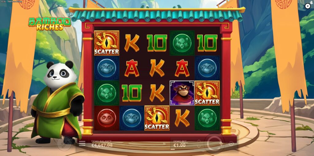 Three scatter symbols landing on the Bamboo Riches reels, triggering the Bamboo Warrior Free Spins.