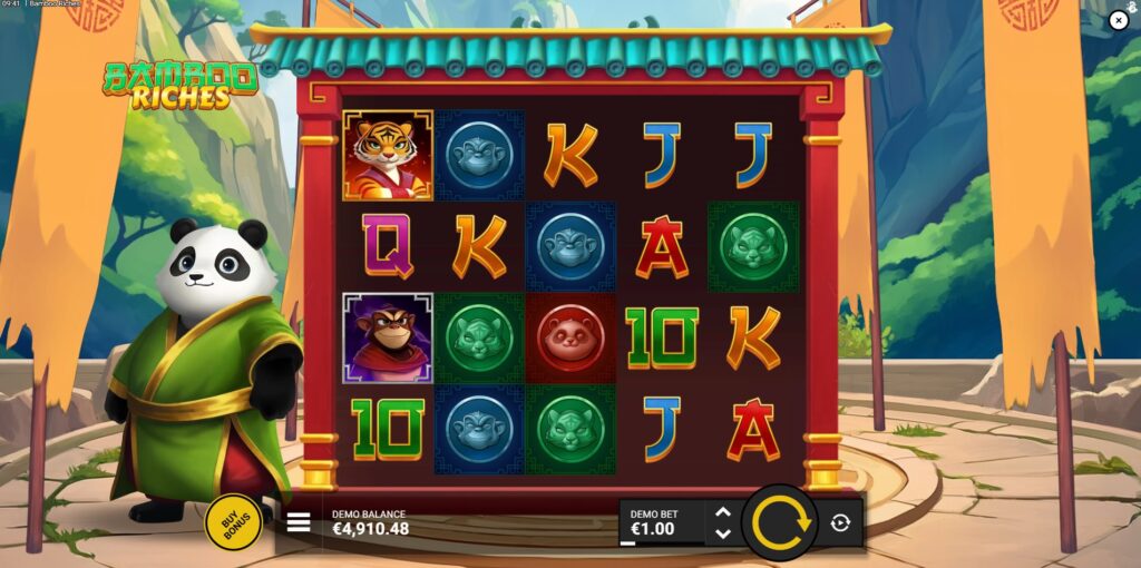 Gameplay screenshot of the Bamboo Riches slot showing the 5x4 reel layout and base game symbols.