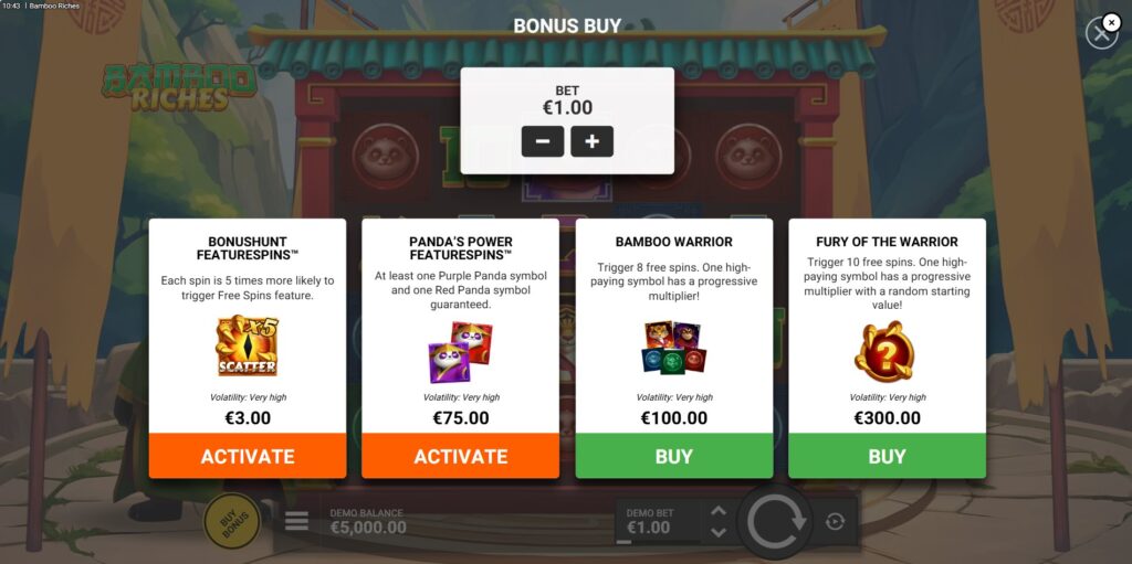 The Bonus Buy menu in Bamboo Riches, displaying the available FeatureSpins options and their costs.