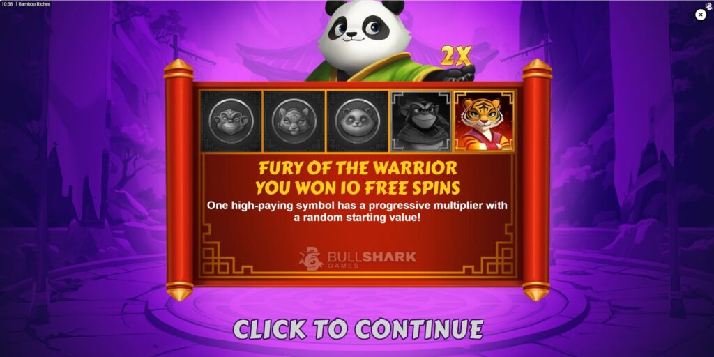 Entry screen for Bamboo Riches' Fury of the Warrior Free Spins, showing 10 spins and the random starting multiplier.