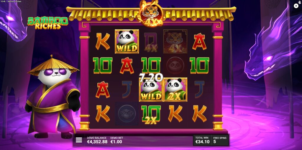 Gameplay during Bamboo Riches free spins demonstrating the progressive multiplier applied to a high-paying symbol.