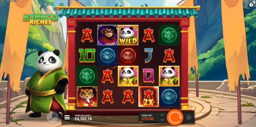 The Purple Panda feature activating in Bamboo Riches, adding Wild symbols to its row.