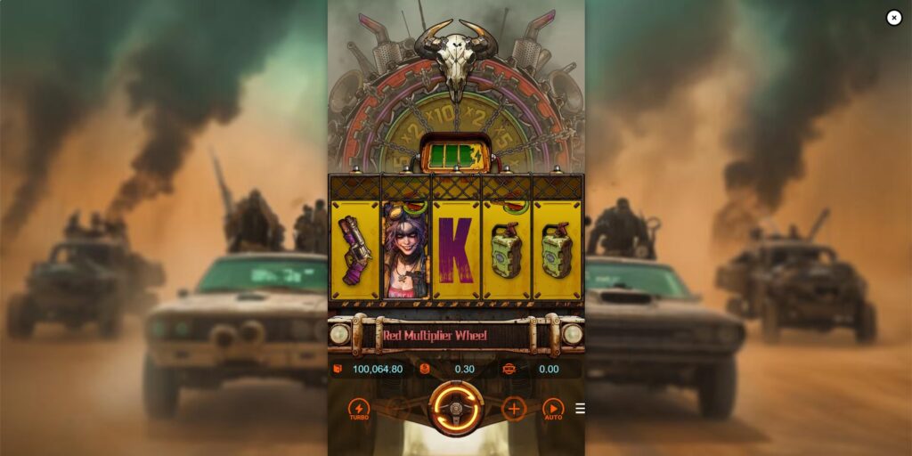 Doomsday Rampage slot base game view showing the 5x1 reel layout and Green Multiplier Wheel structure above.